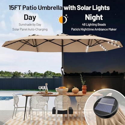 AreShark 15FT Patio Umbrella with Solar Lights, Double Sided Outdoor Table Umbrellas with Crank, Large Rectangular Market Umbrella for Porch, Lawn, Pool, Backyard, Beige