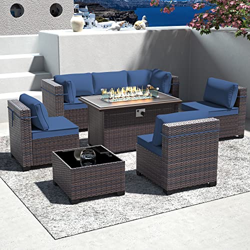 ASJMR Outdoor Patio Furniture Set with Gas Fire Pit Table, 8 Pieces Outdoor Furniture Set Patio Sectional Sofa w/43in Propane Fire Pit, PE Wicker Rattan Patio Conversation Sets (Dark Blue)
