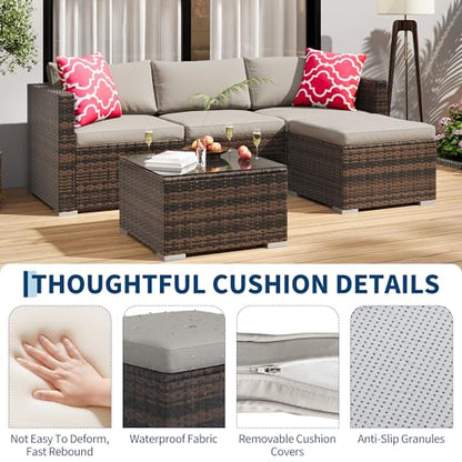 GAOMON 5-Piece All-Weather Patio Furniture Set, Convertible Outdoor Sectional Sofa with Ottoman & Tempered Glass Table, PE Rattan Conversation Set for Garden, Backyard, Porch, Poolside