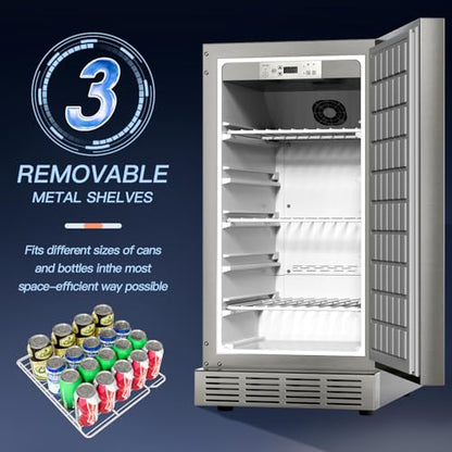 cureder 15 Inch Outdoor Refrigerator, Weather Proof Stainless Steel Beverage Beer Cooler Under Counter Fridge, Indoor/Outdoor Refrigerator with 3 Shelves for Patio Kitchen and Commercial Use