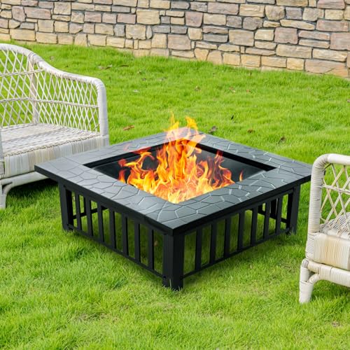 EcoNook 36 inch Fire Pit, Square Outdoor Fire Pit Table with Spark Screen & Fire Poker, 3-in-1 Multipurpose Firepits for Outside, Fireplace for Yard, Garden, Patio
