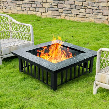 EcoNook 36 inch Fire Pit, Square Outdoor Fire Pit Table with Spark Screen & Fire Poker, 3-in-1 Multipurpose Firepits for Outside, Fireplace for Yard, Garden, Patio