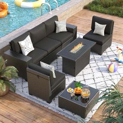 VONZOY 7 Piece Patio Furniture Set with Fire Pit Table, Outdoor Sectional Conversation Sets Black Wicker Rattan Sofa with Coffee Table for Patio Garden Backyard, 4'' Thickened Cushion Black