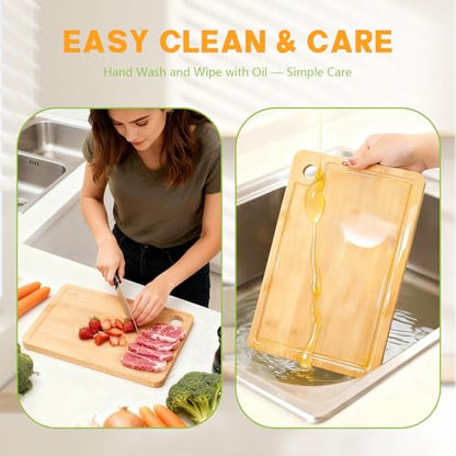 Bamboo Cutting Boards for Kitchen 14.9" x 9.6", Reversible Wood Cutting Board with Juice Groove & Side Handles, Chopping Board for Meat & Cheese, 100% Organic Bamboo
