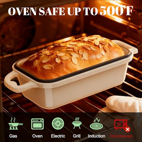 DYCYRQ Enameled Cast Iron Sourdough Bread Dutch Oven, Cast Iron Loaf Bread Pan for Homemade Bread Baking, 2PCS 8.5 x 4.5 Inch Meatloaf Pan with Lid, Oven Safe, Cream