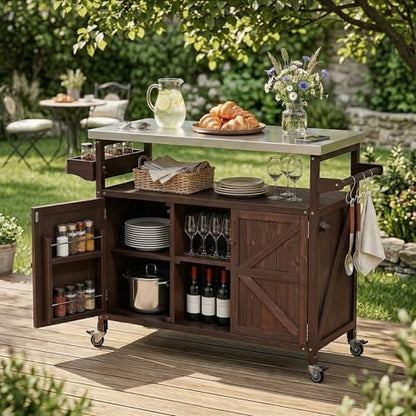 YeahFurn 50" Outdoor Grill Cart with Storage, Solid Fir Wood Grill Prep Table, Rolling Outdoor Cooking Station with Stainless Steel Top, Brown