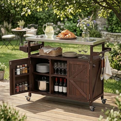 YeahFurn 50" Outdoor Grill Cart with Storage, Solid Fir Wood Grill Prep Table, Rolling Outdoor Cooking Station with Stainless Steel Top, Brown