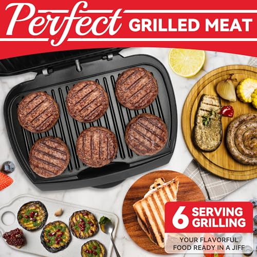 SugarWhisk Family-sized Contact Grill, 6-Serving Electric Indoor Grill with Adjustable Temp Control, Ceramic Coating, 1500W, Graphite