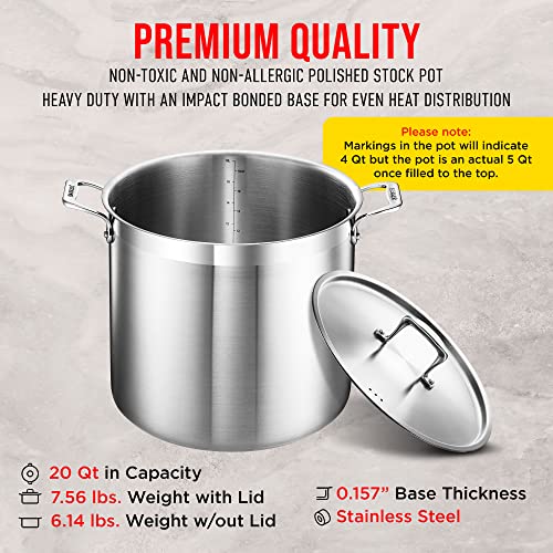 Stainless Steel Stockpot with Lid 20 Quart, Durable 18/8 Stainless Steel, Impact-Bonded Base for Even Heating, Riveted Handles, Oven & All Stove Compatible, Safe Up To 500°F (260°C)