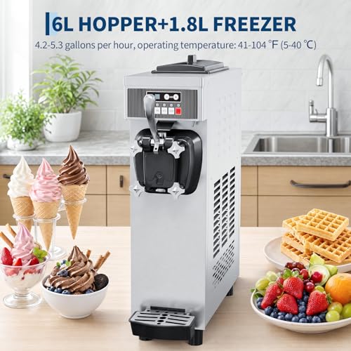 GarveeLife Commercial Soft Serve Ice Cream Machine - 21.2 QT/H Yield, 1500W Single-Flavor Countertop Maker with 6L Hopper, Touchscreen & Auto-Clean | Perfect for Restaurants & Snack Bars