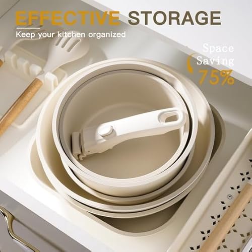 Nonstick 22-Piece Ceramic Cookware Set with Removable Handles, Cream White, Induction Ready, Oven Safe, Stackable