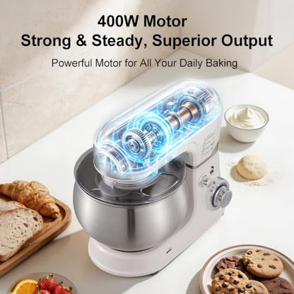 Newiceaid 6-Speed 5.3QT+3.2QT Two-Bowl Stand Mixer, Creamy White