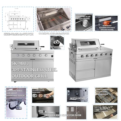 98 Inches Outdoor Kitchen Island, 4-Burner 72000 BTU Propane Stainless Steel BBQ with Side/Rear Burners, With Refrigerator and Sink, Rotisserie, Granite Countertops, Storage, For Backyard BBQ, Silver