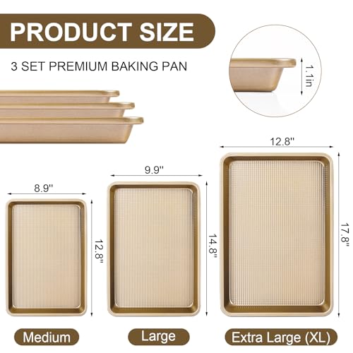 FLAREFX Baking Sheet Pan Set of 3 | Nonstick Cookie Sheets for Baking Supplies | No Rust & No Toxic Carbon Steel Half Sheet Pan+Jelly Roll Pan+Quarter Sheet Pan Set | Heavy Duty Baking Tray for Oven