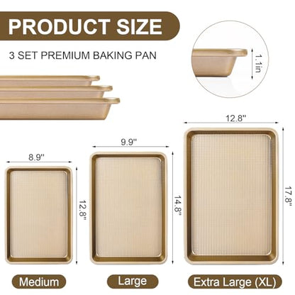 FLAREFX Baking Sheet Pan Set of 3 | Nonstick Cookie Sheets for Baking Supplies | No Rust & No Toxic Carbon Steel Half Sheet Pan+Jelly Roll Pan+Quarter Sheet Pan Set | Heavy Duty Baking Tray for Oven