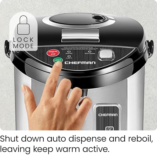 Chefman Electric Hot Water Pot Urn w/Auto & Manual Dispense Buttons, Safety Lock, Instant Heating for Coffee & Tea, Auto-Shutoff & Boil Dry Protection, Insulated Stainless Steel, 3.6L/3.8 Qt/20+ Cups