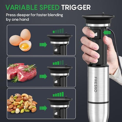 FRESKO Immersion Blenders Handheld, Variable Speed Trigger, 4-In-1 Stainless Steel Hand Blender with Food Chopper, Egg Whisk & 24oz Beaker, Stick Mixers for Baby Food, Soups, Smoothies, Sauce