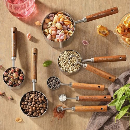 8PCS Measuring Cups, DAJLFA Stainless Steel Measuring Cups and Spoons Set with Ergonomic Wooden Handle for Cooking & Baking