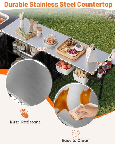AECOJOY Outdoor Grill Cart Table with Sink, Portable Folding Kitchen Island with Storage Cabinet, Stainless Steel Prep Station for BBQ, Waterproof Cover Included