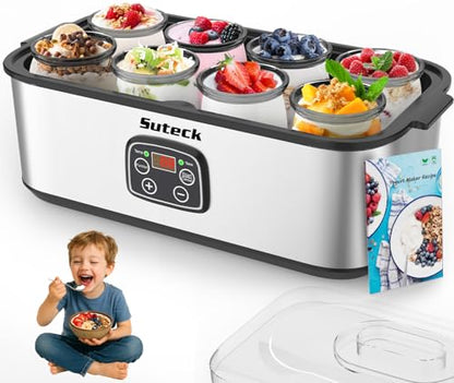 Suteck Yogurt Maker - Stainless Steel Yogurt Makers with Adjustable Time & Temp Control，Automatic Shut-Off & Constant Temper for Homemade Greek, Probiotic Yogurt, BPA-Free 8 Glass Jars (48 oz), Black