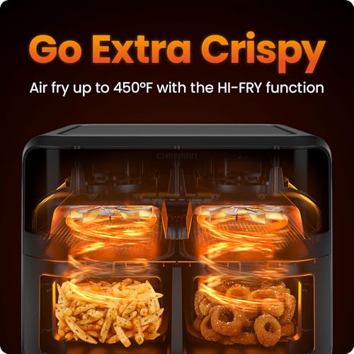 CHEFMAN 6 Quart Dual Basket Air Fryer Oven with Easy View Windows, Sync Finish, Hi-Fry, Auto Shutoff, 2 Independent 3Qt Nonstick Dishwasher Safe Frying Baskets, Digital Double Air Fryer - Black