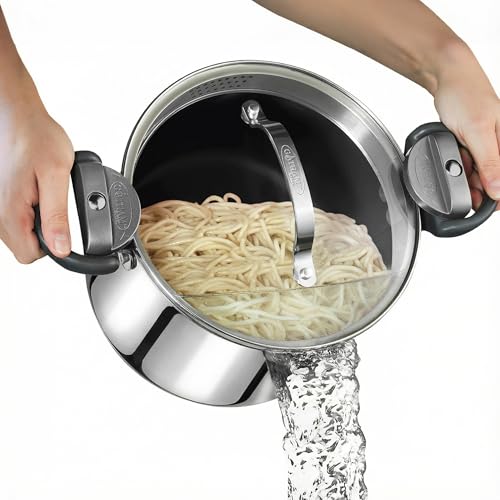 GOTHAM STEEL 8 Qt Nonstick Pasta Pot with Strainer Lid, Stainless Steel Stock Pot, Twist & Lock Handles, 2 Strainer Sizes, PFOA Free, for Soup & Spaghetti, Induction Ready, Oven & Dishwasher Safe