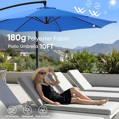 NEWBULIG 10FT Patio Umbrella with Base Included, Offset Cantilever Outdoor Patio Table Umbrella, UV Protection, Fade Resistant Fabric, Easy Tilt Adjustment for Pool, Deck, Garden, Backyard, Blue