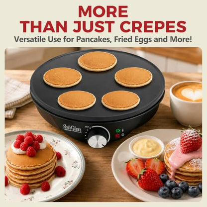 AshGlen 12" Electric Crepe Maker Machine, Ceramic Crepe Pan for Pancakes & Tortilla & Fried Eggs, Spatula & Crepe Spreader Tool Included, Graphite