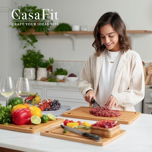 3-Piece Organic Bamboo Cutting Board Set for Kitchen - Carbonized Extra Sturdy Chopping Boards with Juice Grooves - Knife-Friendly Multi-Size (15", 12", 9") for Meat & Veggies - Housewarming Gift Box