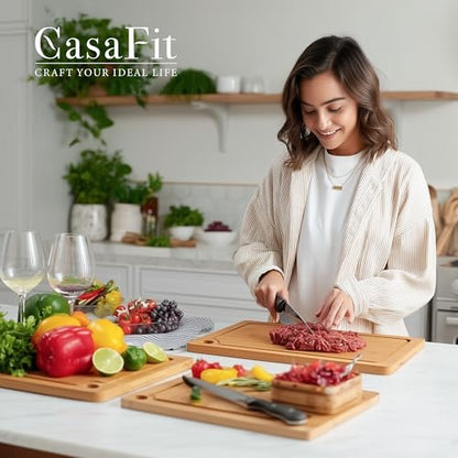 3-Piece Organic Bamboo Cutting Board Set for Kitchen - Carbonized Extra Sturdy Chopping Boards with Juice Grooves - Knife-Friendly Multi-Size (15", 12", 9") for Meat & Veggies - Housewarming Gift Box