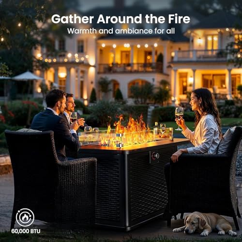 Ciays 43-Inch Rectangular Propane Fire Pit with 60,000 BTU Output, Fire Pit Table Premium Gas for Outside Patio with 304 Stainless Steel H-Burner, Glass Stones, and Wind Guard,Black