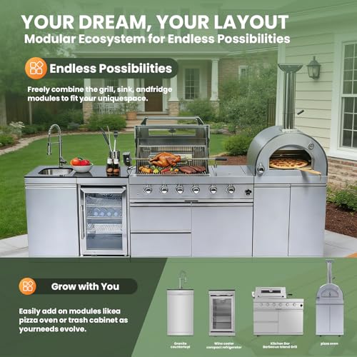 112-Inch Stainless Steel Outdoor Kitchen Island, Natural Gas BBQ Grill with Standalone Side Burner Pizza Oven, Rotisserie, Refrigerator, Granite Countertop, Storage Cabinets & Drawers 108000 BTU