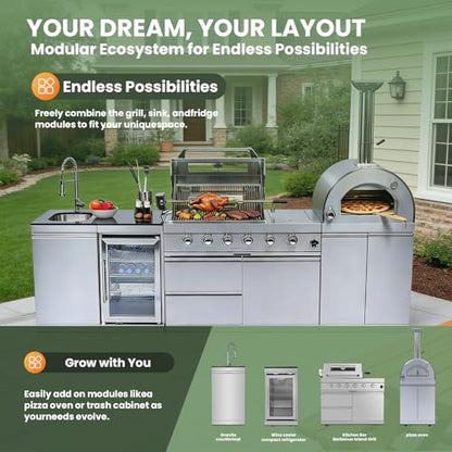 112-Inch Stainless Steel Outdoor Kitchen Island, Natural Gas BBQ Grill with Standalone Side Burner Pizza Oven, Rotisserie, Refrigerator, Granite Countertop, Storage Cabinets & Drawers 108000 BTU
