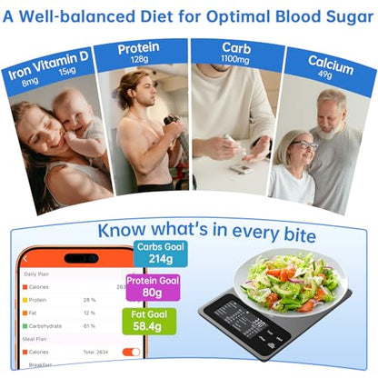 Smart Food Kitchen Scale with Nutritional Calculator, 30 Nutrients App for Tracking Calories, Fat, Carbs & Protein, Personal Goals and Daily Reports, On-Screen Nutrient Info, 22lb/10Kg