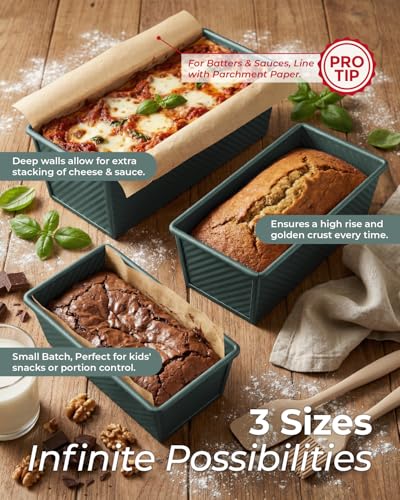 CARTMAN 3-Piece Pullman Loaf Pan with Lid Set – Non-Stick Carbon Steel Bread Pan with Bottom Vents – Includes Large (12.4"), Medium (8.2") & Mini (6.3") Sizes plus Silicone Tools – Sage Green