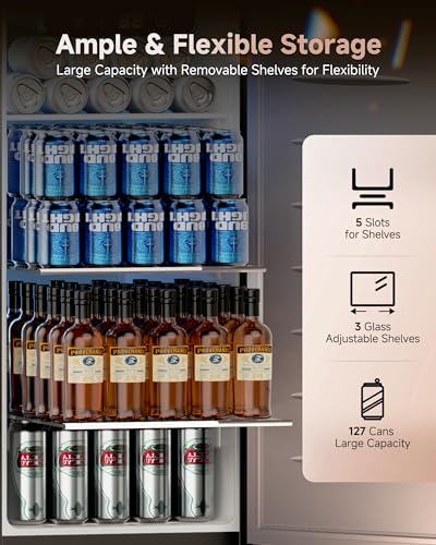 ICEVIVAL 15 Inch Under Counter Beverage Refrigerator, 128 Cans Outdoor Fridge with Adjustable Glass Shelves, ≤45dB Quiet Small Beverage Refrigerator for Outdoor Kitchen & Patio (Black)