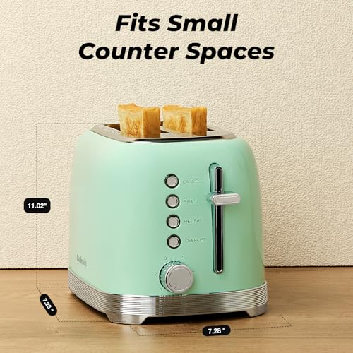 Culinaid Toaster 2 Slice Retro Stainless Steel with 1.5” Extra Wide Slots Bagel, Defrost, Reheat, Cancel Functions, 6 Bread Shade Settings, Removable Crumb Tray, Aqua Green