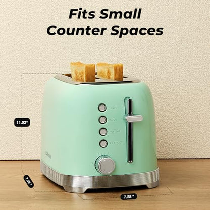 Culinaid Toaster 2 Slice Retro Stainless Steel with 1.5” Extra Wide Slots Bagel, Defrost, Reheat, Cancel Functions, 6 Bread Shade Settings, Removable Crumb Tray, Aqua Green