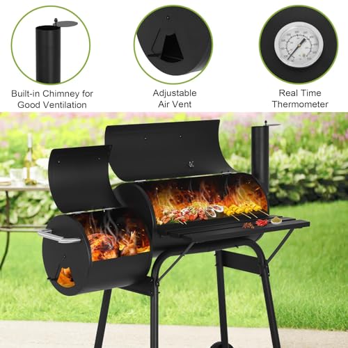 BLKMTY 43" Charcoal Grills Outdoor BBQ Grill with Offset Smoker Camping Portable Grill Camping Barbecue Grills with Side Fire Box for 6-10 People Patio Backyard Picnic BBQ, Black