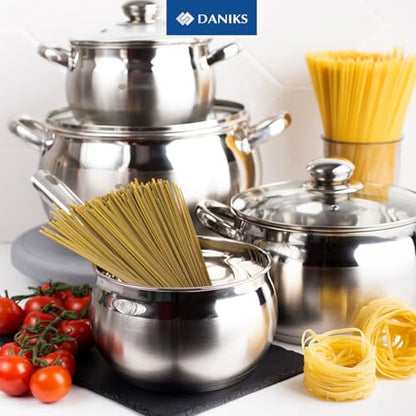 Daniks Classic 6.5 Quart Stainless Steel Stock Pot with Glass Lid, Tri-Ply Bottom for Even Heating, Induction Compatible, Dishwasher Safe