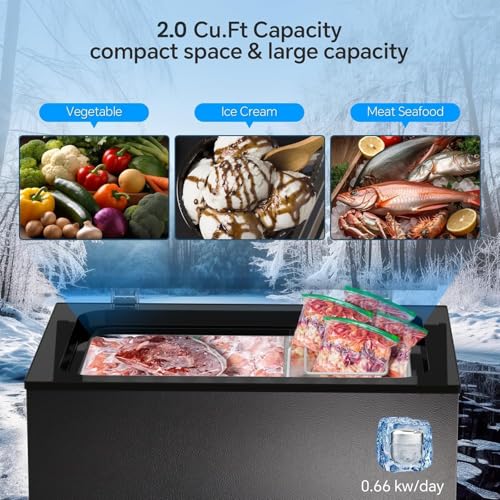Kismile 2.0 Cubic Feet Chest Freezer with 2 Removable Basket Free Standing Top Open Door Compact Freezer with Adjustable Temperature for Home/Kitchen/Office/Bar