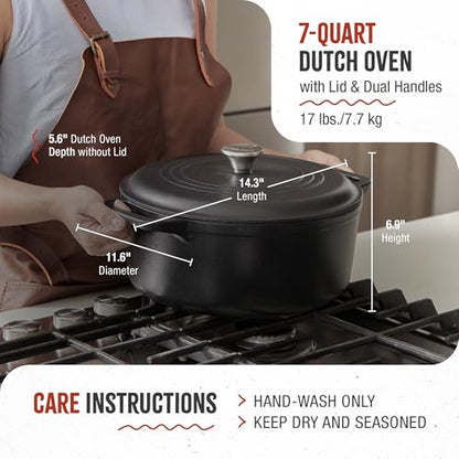 Victoria Cast Iron Large Dutch Oven with Lid and Dual Handles. 7 Quart Pot Seasoned with 100% Kosher Certified Non-GMO Flaxseed Oil