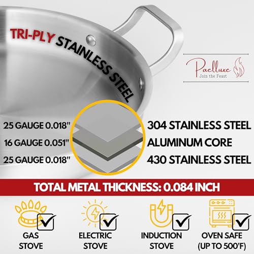 Paelluxe 13 Inch Tri-Ply Stainless Steel Paella Pan with Lid for 6 Servings - Includes Hot Handle Holders - Induction, Oven and Dishwasher Safe Skillet, Indoor Outdoor Cooking Cacerola Paellera Sarten