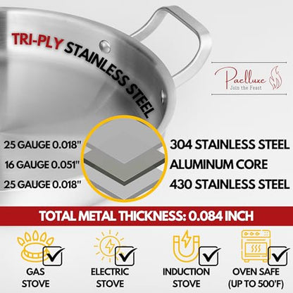 Paelluxe 13 Inch Tri-Ply Stainless Steel Paella Pan with Lid for 6 Servings - Includes Hot Handle Holders - Induction, Oven and Dishwasher Safe Skillet, Indoor Outdoor Cooking Cacerola Paellera Sarten