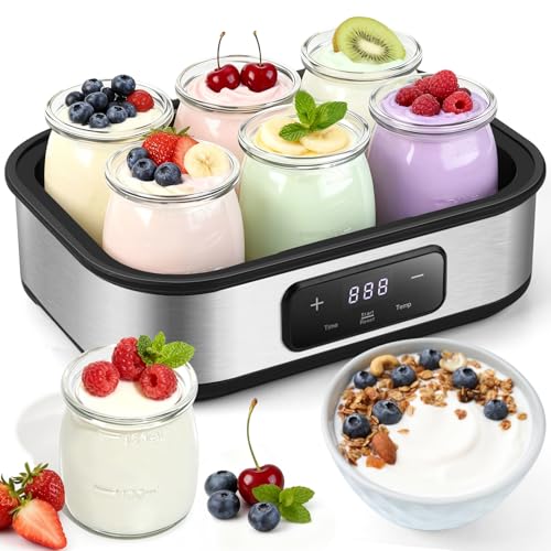 Yogurt Maker with Adjustable Temperature & 48H Timer - 6 Glass Jars for Homemade Probiotic Yogurt, for Family Wellness & Healthy Diet Lovers
