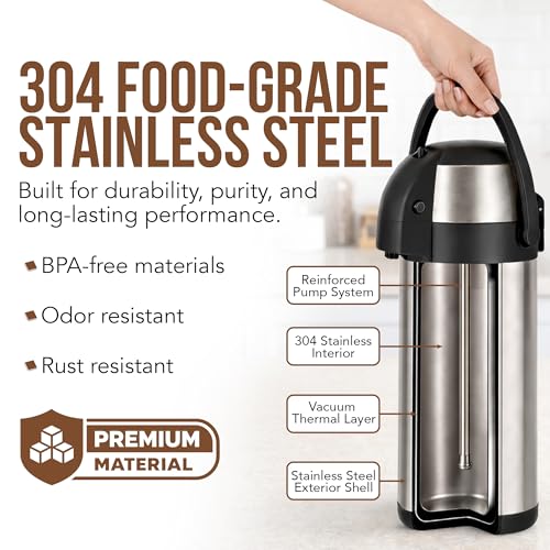 Coffee Carafe Insulated 102 OZ / 3L Stainless Steel Hot Beverage Dispenser, Airpot Coffee Dispenser with Pump, Thermal Coffee Carafe for Hot Liquids, Coffee Carafes for Keeping Hot Drink Dispenser