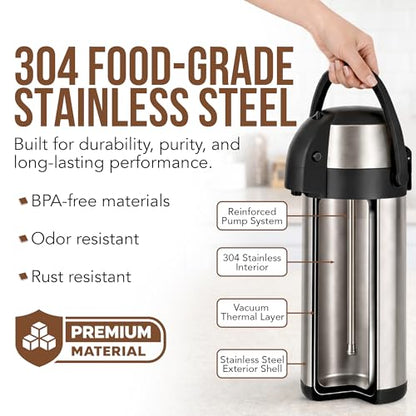 Coffee Carafe Insulated 102 OZ / 3L Stainless Steel Hot Beverage Dispenser, Airpot Coffee Dispenser with Pump, Thermal Coffee Carafe for Hot Liquids, Coffee Carafes for Keeping Hot Drink Dispenser
