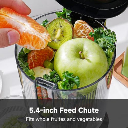 AMZCHEF Cold Press Juicer, 5.4" Juicer Machines with Large Feed Chute for Whole Fruits & Vegetables, Stainless Steel Juice Extractor with Large Auger, Dual Strainers, Easy Cleanup & Assembly