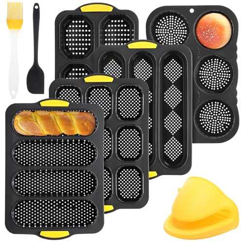 Reallnaive 8 Pcs Silicone Baguette Hamburger Bun Baking Pan Set 4 6 9 Cup French Bun Mold 3 Cup Nonstick Baguette Bread Pan with Tool for Homemade Bread Loaf Sandwich Microwave