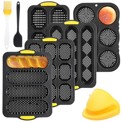 Reallnaive 8 Pcs Silicone Baguette Hamburger Bun Baking Pan Set 4 6 9 Cup French Bun Mold 3 Cup Nonstick Baguette Bread Pan with Tool for Homemade Bread Loaf Sandwich Microwave